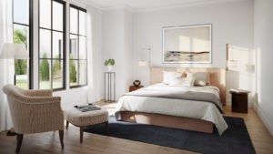 Sun through big windows at left in rendering of white bedroom. Large master suite at Bristol Wellesley.
