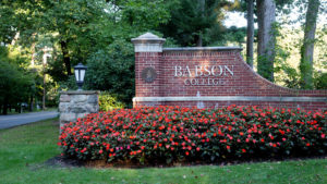 Babson College appears on brick entry gate
