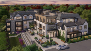 Looking down on luxury condos Wellesley MA. Elegant entry in center, sunken lawn to left, patio or deck for all Bristol residents