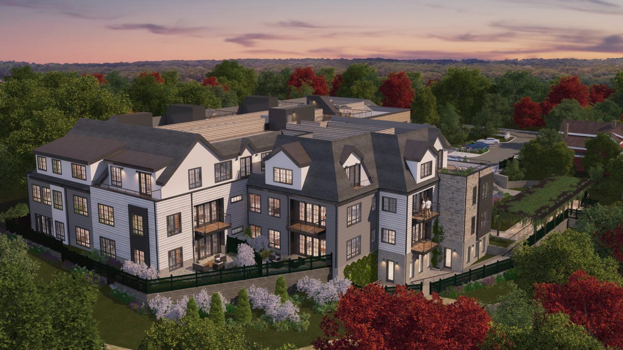 Bristol Wellesley Rendering of Exterior: Cirrus clouds, lots of private decks and patio showing sky