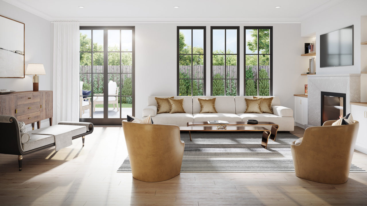 Bristol Wellesley rendering of living room with beautiful light streaming in through the windows