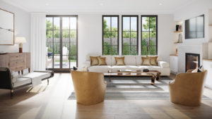 Bristol Wellesley rendering of living room with beautiful light streaming in through the windows