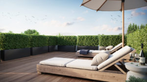 White lounge chair, edge of umbrella to right of large roof deck. Trees surrounding suggest more green space than Terrazza.
