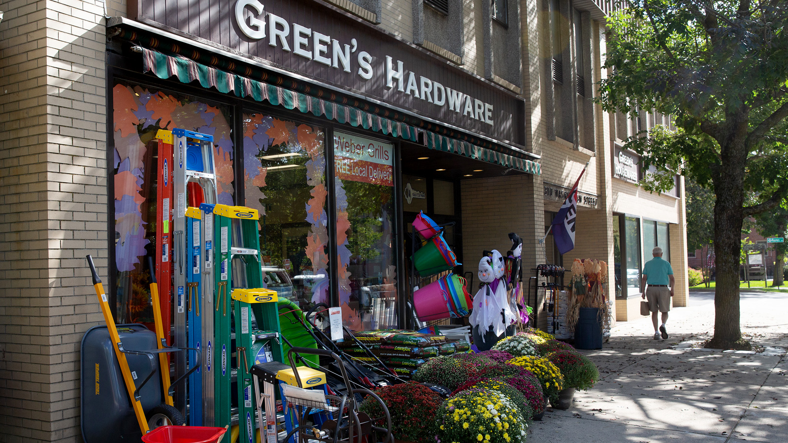 ladders and buckets outside Green's Hardware store