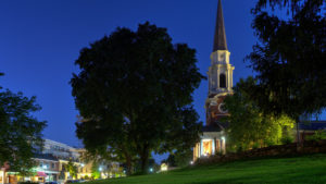 Wellesley Square view of church at night